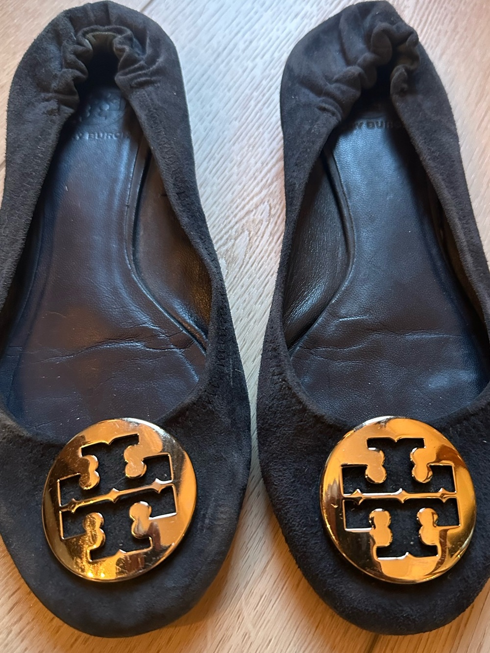 Tory Burch Black Suede Logo Medallion Ballet Flats
